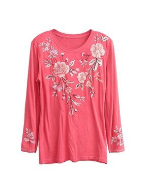 Johnny Was Vienna Kimono Sleeve Pink Floral Embroidered L/S Cotton Top XS